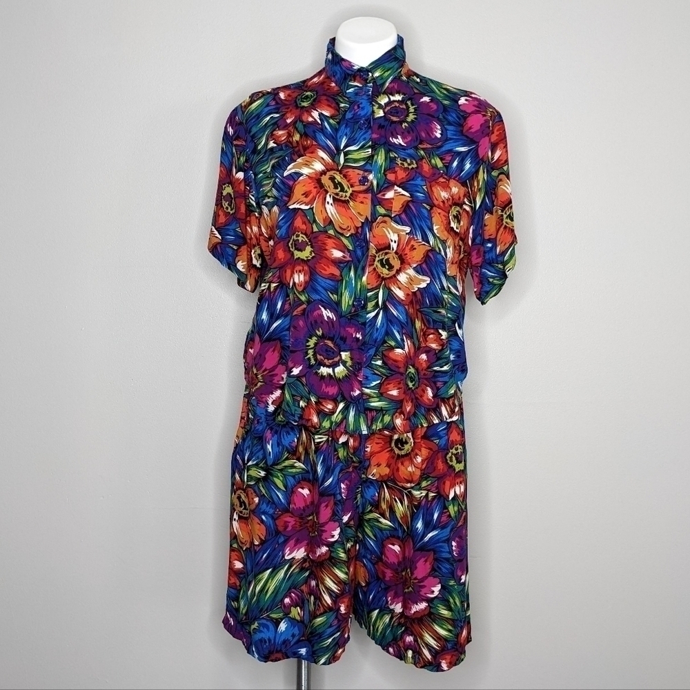 Vintage Grand Nouveau blue orange floral button up set M/L